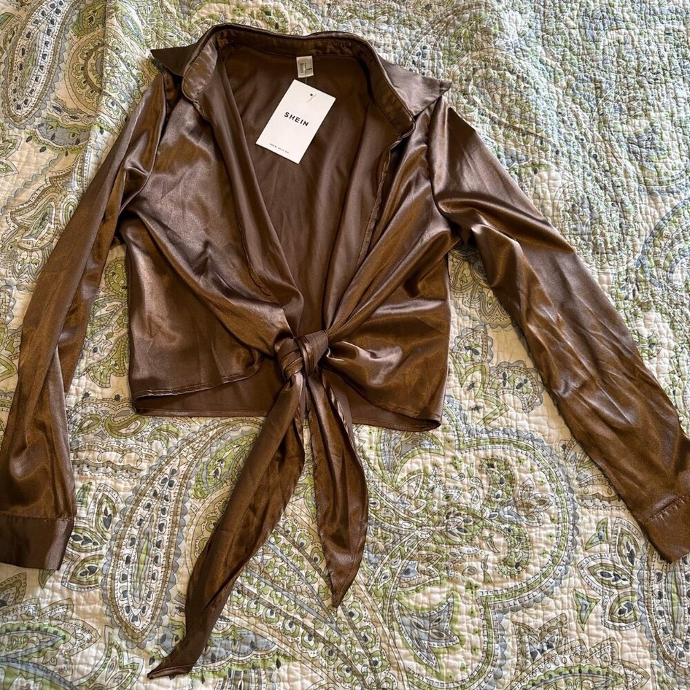 Brown Satin Long Sleeve Tie Front Shirt